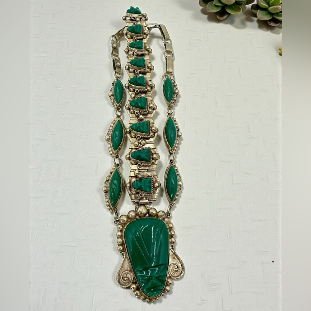 Vintage Mexico Sterling Green Onyx Aztec Mask Necklace Bracelet Set 17” & 7” - Picture 16 of 17